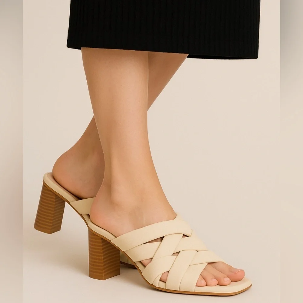 Andy Braided Slip On Mule Heel Shoes Strap cream ivory women heels